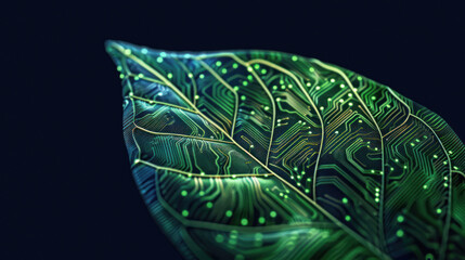 A visually striking image of a leaf with a luminescent digital circuit pattern, placed against a deep dark backdrop, reflecting biotechnology concepts