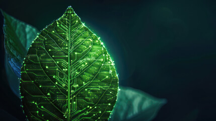 Close-up of a leaf merging with a glowing green circuit board design indicating the seamless integration of nature with advanced technology