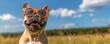 A happy French bulldog is wearing sunglasses, standing in front of a meadow and a blue sky on a hot summer day