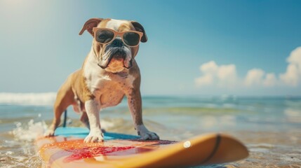 Wall Mural - At a beautiful summer beach, a bulldog surfing on a surfboard while wearing sunglasses at the sea's side, sunny day