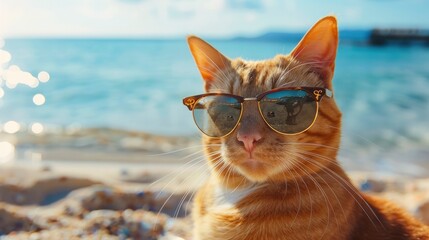 Wall Mural - relaxing cat on the beaches of a wonderful ocean, carrying stylish sunglasses, summer day