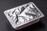 Fototapeta Desenie - Rectangular plastic box with yogurt or cheese hermetically sealed with a foil lid