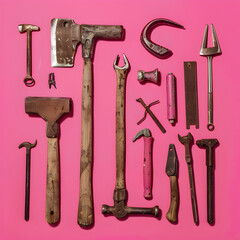 A collection of old tools, including hammers, pliers, and wrenches, arranged in a pattern on a pink background. Concept of nostalgia and the passage of time