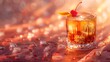 a classic old-fashioned on a deep amber background, with a twist of orange peel and a maraschino cherry, in breathtaking 8k resolution.