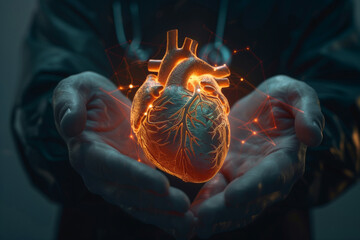 Wall Mural - a highly stylized representation of a human heart held in hands, illuminated with glowing outlines a