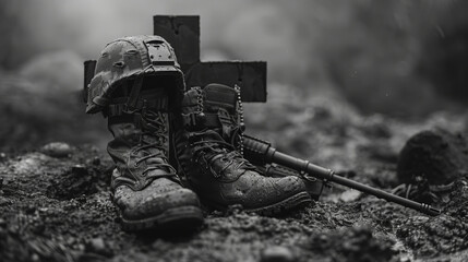 Remembrance and Sacrifice: Military Boots, Helmet, and Rifle at Battle Memorial Site