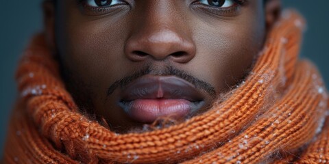 A close-up view of a person wrapped in a vibrant orange scarf, exuding comfort and style amidst the chill.