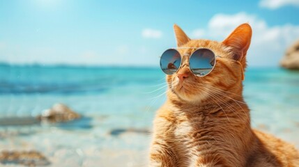 Wall Mural - relaxing cat on the beaches of a wonderful ocean, carrying stylish sunglasses, summer day