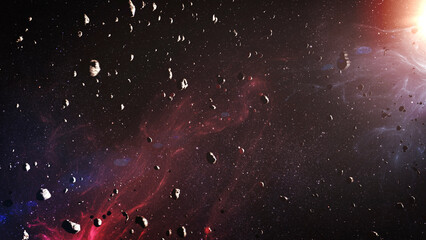 Wall Mural - asteroids field in deep space with sun flare beautiful nebula and sun with many asteroids, 4k, 2023