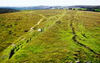 Merrivale stone rows. Prehistoric late Neolithic 3000 – 2300 BC site on Dartmoor, Devon, England. The two double stone row avenues. Aerial to S.W.