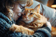 © t.sableaux - A middle age woman with her cat at home, people and their pets concept