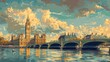 A painting of London with the Big Ben clock tower in the background. The sky is cloudy and the water is calm