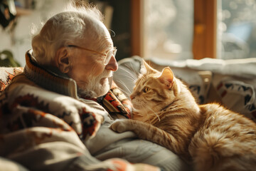 an eldery man with his cat at home, people and their pets concept