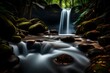 A long exposure shot of the waterfall, capturing the smooth, flowing water and creating a sense of calm and tranquility