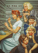 © ArtMood Visualz - Vintage scene of four women from the 1950s gossiping on the phone, their handset connected to a switchboard station by a telephone operator