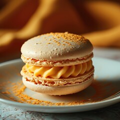 Wall Mural - a minimalist dessert, delicate vanilla macaron, with its smooth surface and creamy filling, resting on a pristine white saucer, offering a delightful and delicate treat