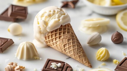 Wall Mural - a soft vanilla and lemon icecream cone on the white chocolate various shape-