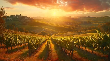 Wall Mural - A serene pastoral scene with rolling hills dotted with vineyards and olive groves, bathed in the golden light of sunset