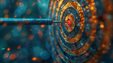 Arrow at a virtual target dartboard, precision in setting objectives for business investments visualizes strategic approach to achieving goals and hitting targets in business.