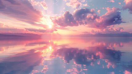 Sticker - A serene sunrise reflected in the mirrored surface of a glassy lake, painting the sky with hues of pink and gold