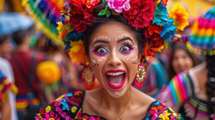 Shocked Latin Woman In Traditional Mexican Dress For Cinco De Mayo Parade