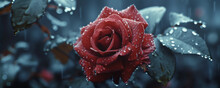 Red Rose With Dew Drops On Dark Background