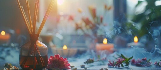 Sticker - Candles and flowers on a table with a vase