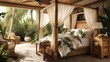 A tropical paradise bedroom with bamboo furniture, palm leaf prints, and a canopy bed with sheer curtains.