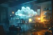 In the corner of a moody office, a holographic cloud updates a project on all connected devices instantly, 3D illustration