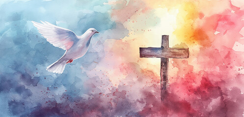 Canvas Print - A painting of a white dove flying over a cross