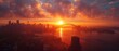 Vibrant sunrise over Sydney CBD with highrise buildings harbor and bridge in an elevated aerial view. Concept Sunrise Over Sydney, Highrise Buildings, Harbor View, Aerial Perspective, Iconic Bridge