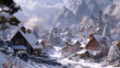 A storybook alpine village blanketed in snow, with timbered chalets and smoke curling from stone chimneys