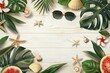 white wooden background with tropical leaves, watermelon and sunglasses, palm tree leaves, sea shells, starfish, space for text Generative AI