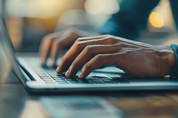 Upclose view of hands typing on a laptop keyboard, highlighting the modern, hightech aesthetic with deep, rich color tones The scene is dominated by a prominent GDPR shield icon