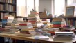 © muza - Pile of books on study desk in a study room. Education or academic concept picture of self access learning environment background related to research or reading materials