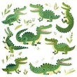 Color childish illustration with crocodiles on white background, cartoon illustration generated with AI.	