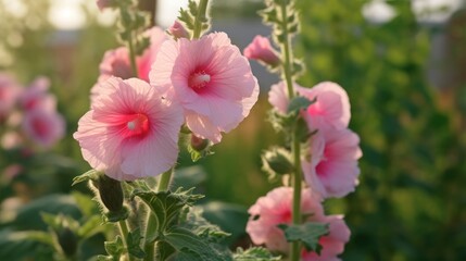  Pink hollyhock flower with green garden background AI generated