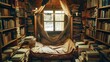 An enchanting book nook, surrounded by stacks of books, inviting readers, great for literary and lifestyle content.