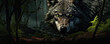 Intense wolf eyes close-up in the dark