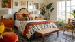 An eclectic bedroom with mismatched furniture, vibrant patterns, and an assortment of decorative pillows.