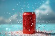 A can of soda is sitting on a sandy beach with a cloudy sky in the background
