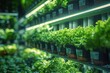 A vertical farm with rows of green plants growing inside white pipes