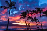 Fototapeta  - Sunset With Palm Trees and Ocean