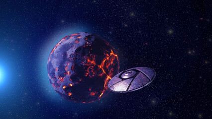 Wall Mural - 3d rendering-flying saucer ufo near dead planet 3d rendering of alien world concept, 4k, 2024