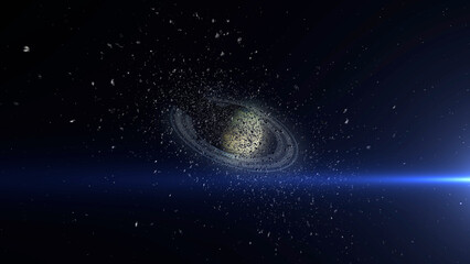 Wall Mural - camera inside asteroid field heading planet saturn outer space cinematic view, 4k, 2024