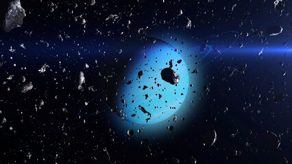 Wall Mural - camera inside asteroid field heading planet uranus outer space cinematic view, 4k, 2024