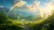 A vibrant rainbow arching over a lush green landscape