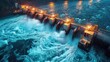 A hydroelectric power plant on a raging river, solid color background, 4k, ultra hd