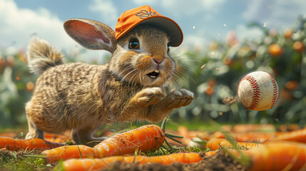 Wall Mural - A rabbit is playing baseball with a carrot. The rabbit is wearing a baseball hat and is in the process of catching a baseball. The scene is playful and lighthearted