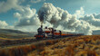 A vintage steam train chugging through a picturesque countryside, billowing clouds of steam against a backdrop of rolling hills